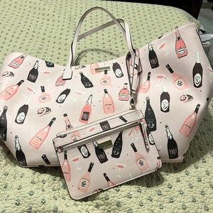 Kate Spade Pop Fizz Champagne Print Margareta Tote Bag, Pink and Wristlet
